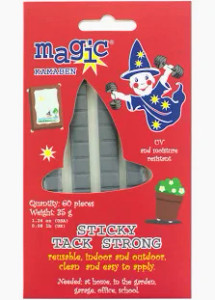 Kamaben Magic® - Sticky Tack Strong - 60pcs (KSTS933)

This product is ready to use and has good adhesive properties and is sufficiently flexible for most applications. It works well in all manor of craft or educational projects.  Pack contains 60 pieces etc.  It is reusable and the gum can be easily removed and reused.
For use both Indoor and Outdoor at home in the garden, garage, office, or school.  The adhesion works immediately with no drying time.  Contains no toxins, acids, or solvents.  UV and moisture resistant.