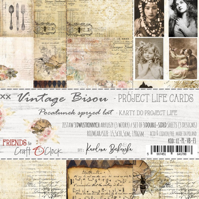 Set of project life cards Vintage Bisou 15x30 cm, 190 gsm (3 double-sided sheets, inscriptions ENG, PL on the back)