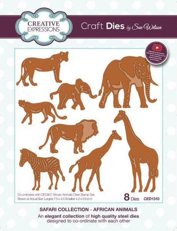Creative Expressions Craft Dies - Safari Collection - African Animals by Sue Wilson (CED1310)

An elegant collection of high quality steel dies designed to co-ordinate with each other. Designed by Sue Wilson.
Includes 9 dies.

Largest Die is 7.5 x 4.0, smallest is 4.2 x 3.9 cm