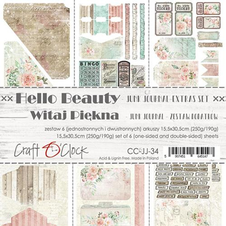 Craft O'Clock - Junk Journal Set - Hello Beauty - 6 Pcs. (CC-JJ-34)

Junk Journal Set, Hello Beauty Collection. Each Sheet Size 15.5 x 30.5cm. Pack contains 6 pieces, 3 Single sided, 250g, and 3 double sided, 190g.  Acid and Lignin free.