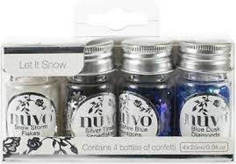 Nuvo - Pure Sheen Confetti 4 Pack - Let it Snow (288N)

This carefully selected pack contains a combination of the most popular Pure Sheen colours. This stunning confetti collection come in decorative plastic bottles which are easy to pour and return the confetti for future use. This Let It Snow pack contain four dazzling shades including Snow Storm Flakes, Silver Tinsel Snowflakes, Sapphire Blue Hexagons and Blue Dusk Diamonds. Also available in the Nuvo Pure Sheen Range are the Glitter and Sequins packs, offering unique iridescent and flat glitter colours that are perfect for special occasions and creative projects. All packs are available in matching colour palettes, allowing you to coordinate your creations across the range.

Contains four 25ml Plastic Bottles
Snow Storm Flakes, Silver Tinsel Snowflakes, Sapphire Blue Hexagons, Blue Dusk Diamonds

    4 Colours in a pack
    Beautiful Bottles
    Available in Confetti/Sequins/Glitter
    High intensity sparkle
    Co-ordinating Colours