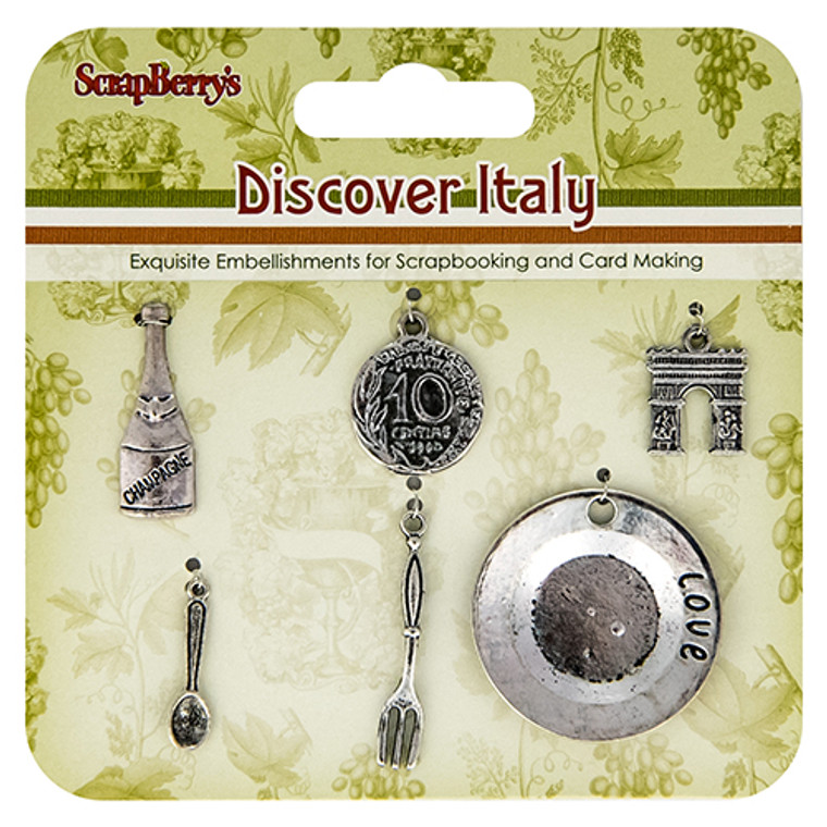 Scrapberry's - Italian Holidays - Metal Embellishment Set - 6pcs (SCB25002028)

Scrapberry's Italian Holidays Metal Embellishment Set. 6 Pieces in set.  The embellishments have been delicately created to evoke the things that Italy is renowned for, good food, good wine, and magnificent architecture.   Approximate sizes vary from 5x23mm to 35mm Diameter  These items are not toys, and are not suitable for children.  They are designed for use as charms or embellishments in all your scrapbooking projects, card making and much more.