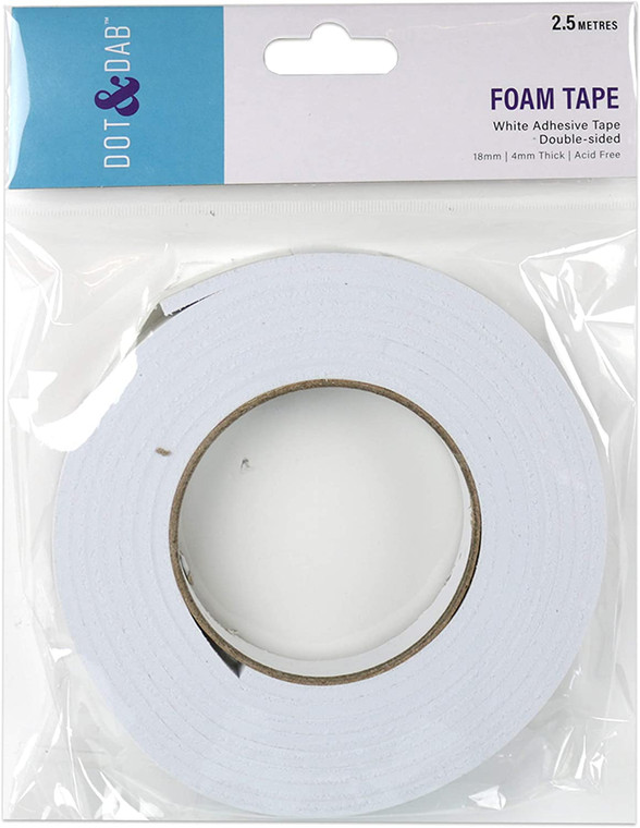 Dot & Dab Glues & Adhesives - White Adhesive Foam Tape - Double Sided (18mm x 2.5m x 4mm) (DDADHO24)

Use Dot & Dab Foam tape to give your projects a 3D effect . This versatile roll of White adhesive foam is ideal for sticking down embellishments and decorations, as well as adding dimension to your projects.  Perfect for making your embellishments stand out.  Use for all your Card Making, Decoupage and any other Craft Projects.