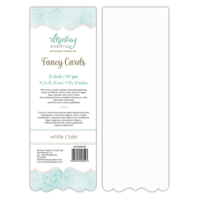 Mintay Fancy Cards  -  White 03 (20 pk) ( MT-FANW-03)

20 cards with a decorative edge

300 gsm cardstock.

size: 10.5 x 30.5 cm.