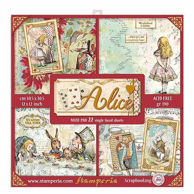 Stamperia - Alice - 12"x12" Paper Pad (22 sheets) (SBBXLB08G)

Stamperia exclusive designs. Paper Pad with 22 single-sided patterned paper. Thickness: heavyweight paper 190 g/m² Size: 12 "x 12" - 30,48 x 30,48 cm, Features: Acid & lignin free
Made in Italy.

This is the new Alice paper pack, your favourite pages now enhanced with GOLD accents - and even more delicious designs - MAXI PACK.