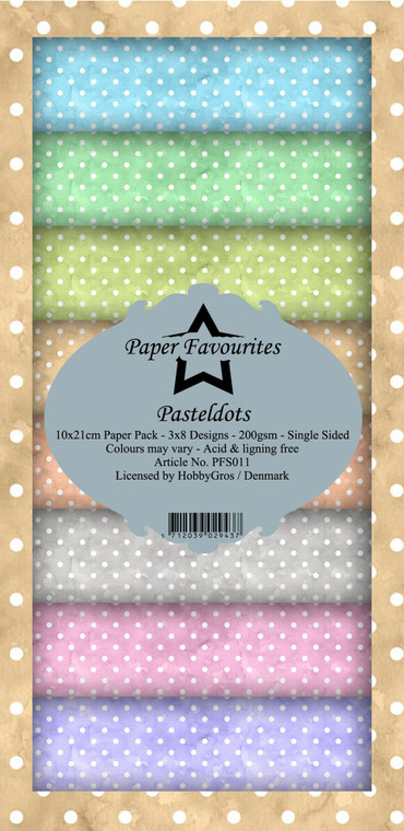 Paper Favourites - Pastel Dots - 4 x 8.5inch - Slim Paper Pack (PFS011)

Design paper for projects like scrapbooking, making cards or home decor.  For specific product information take a look at the product image.  3x8 designs. 200gsm.  10x21cm.  Single-sided.  Acid & lignin free.