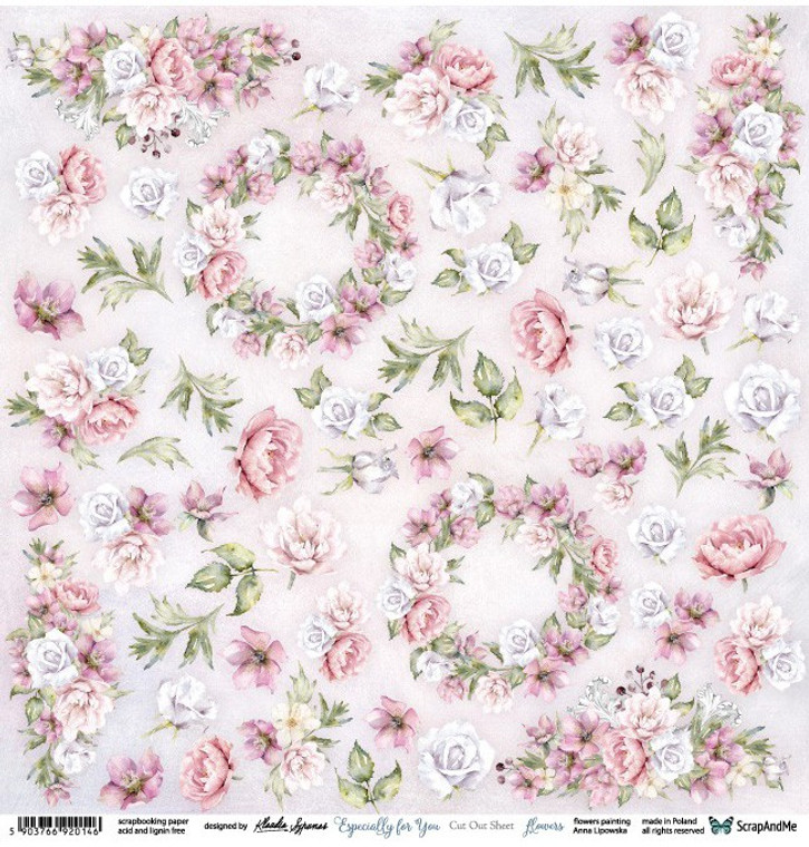 ScrapAndMe - Especially for You - 12x12 - Cut Out Sheet (SAM-EFY-12)

A single ScrapAndMe single-sided elements sheet.  These can be used in all your craft projects, including card making, scrapbooking, decoupage, etc.  This sheet is from the Especially for You - Flowers Collection. It contains elements for self-cutting.  The paper is High-quality, acid-free, wood-free paper, weight 250g / m2.  Made in Poland.