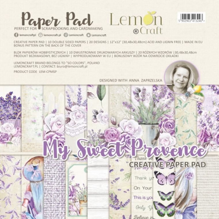 Lemoncraft - My Sweet Provence - Set of scrapbooking papers 12 x 12 (LEM-CPMSP)

In the set, you will find 10 double-sided printed sheets in the size of 30x30cm (12x12 inches), 20 different patterns - 1 sheet with each pattern. Paperweight - 250gsm.

On the back of the cover, we have printed an additional pattern for you, not available outside the set.