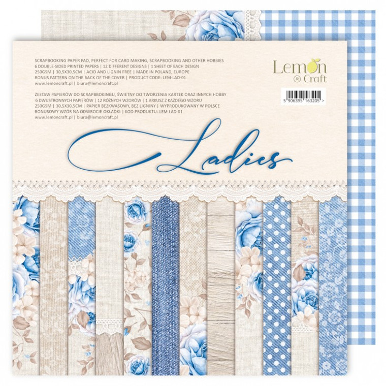 Lemoncraft - Ladies - Set of scrapbooking papers 12 x 12 (LEM-LAD-01)

Set of scrapbooking papers 30x30cm - Ladies - Lemoncraft - LADIES and GENTLEMEN - LEM-LAD-01.

Set contains 6 double-sided papers, 12 designs - 1 piece per design, 250gsm. Bonus pattern at the back of the cover.