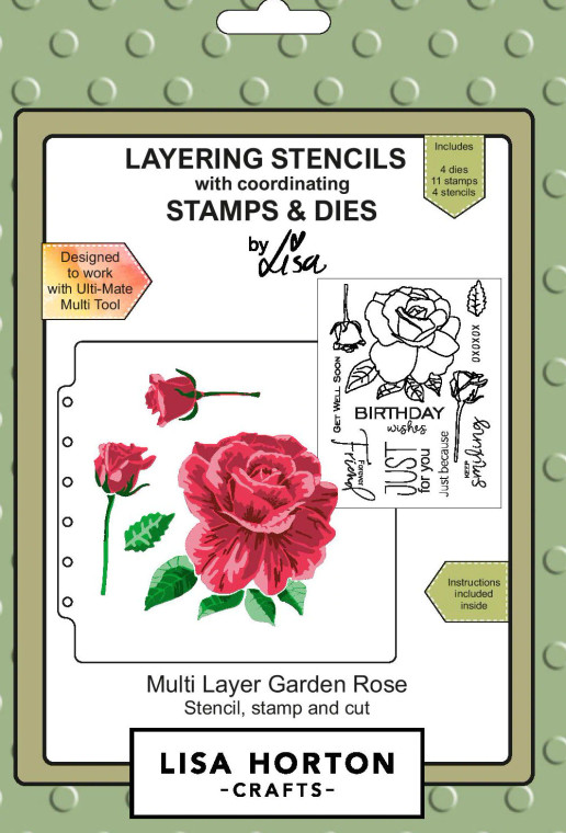 Lisa Horton Crafts -  Layering Stencils, Stamp and Die Set - Garden Rose (LHCCD142)

Layering Stencils, Stamp and Die Set - Garden Rose

Full set of layering stencils with coordinating stamps and dies designed to work with the Ulti-Mate Multi Tool.

Contains 4 layering stencils, 4 dies and 11 stamps.

Largest Die Size - 96mm x 95mm

Stamp set includes florals and sentiments and the dies cut the flowers.