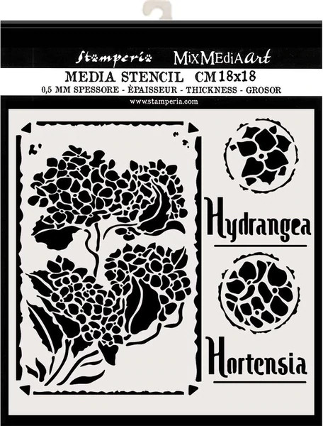Stamperia Flexible Stencil - Hortensia (KSTDQ44)

Mix Media Art flexible Stencil. 18 x 18cm, 0.25mm thick. This template is suitable for a variety of projects. Flexible and strong material. Use on fabrics, wood, cardboard, paper, metal, plastic and more. Ideal for 3D effects, spray and mix media.