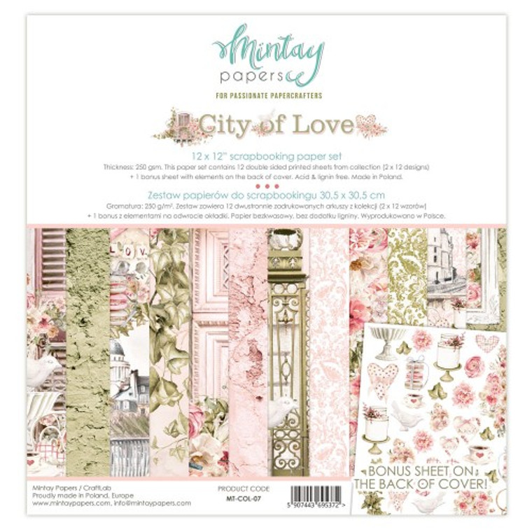 Mintay - City Of Love - 12 x 12 (MT-COL-07)

The set of 12 double-sided (2 x 12 designs) high-quality paper sheets for scrapbooking.

Perfect for creating layouts, albums, greeting cards or invitations.

The bonus of this set is an additional sheet with designs for cutting.

Acid-free and lignin-free.

Size: 12 x 12 inch (30,5 x 30,5 cm).

 

This pad is printed on 240gsm paper.