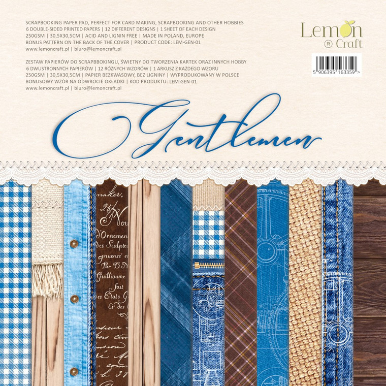 Lemoncraft - Gentlemen - Set of scrapbooking papers 12 x 12 (LEM-GEN-01)

Set contains 6 double-sided papers, 12 designs - 1 piece per design, 250gsm.

