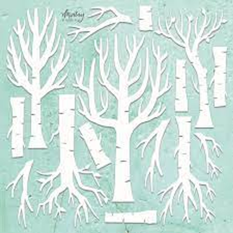 Mintay Papers - Mintay Chippies - Decor - Trees (MT-CHIP2-D13)

Mintay Laser Chipboard.  These 2mm thick die-cut chipboard pieces are in a natural ecru color and can be added to many of your projects.  They can be modified with paint, ink, paper, using stencils, stamps, hot embossing or applying waxes and pastes.   A 12 x 12 inches sheet of 14 chipboard elements ready to decorate as you wish!  Pieces range from approximately 3/4 x 1 3/8 inches (smallest trunk piece) to 5 1/4 x 8 7/8 inches (large center tree).