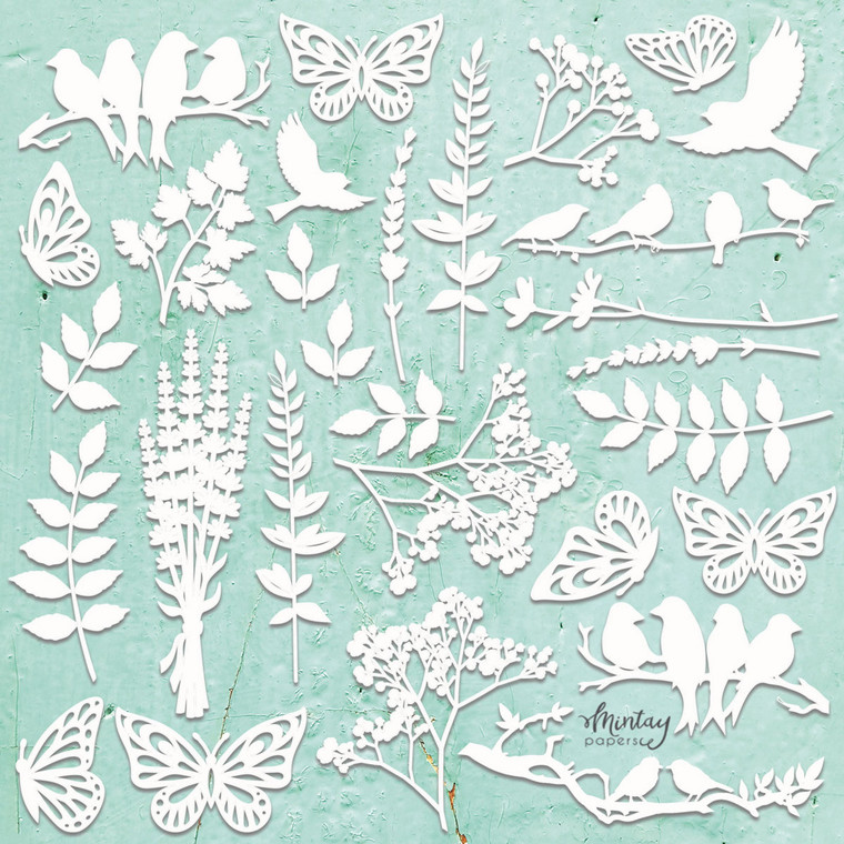 Mintay Papers - Mintay Chippies - Decor - Nature Set (MT-CHIP2-D30)

Mintay Laser Chipboard.  These 2mm thick die-cut chipboard pieces are in a natural ecru color and make a great base for any project.  They can be modified with paint, ink, paper, using stencils, stamps, hot embossing or applying waxes and pastes.    Overall size of set sheet: 12x12 inches.