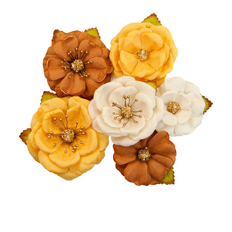 Prima Marketing - Autumn Sunset - Paper Flower Embellishments (642785)

Prima Marketing Paper flowers, part of the Autumn Sunset Collection.  You can use these intricate flower embellishments in all your craft projects, including, card making scrapbooking etc.  The package includes 6 flowers which are different either in size or in color or pattern.  These flowers are very detailed embellishments with, depending on the model, pearls, glitter, frost or mother-of-pearl effects.
