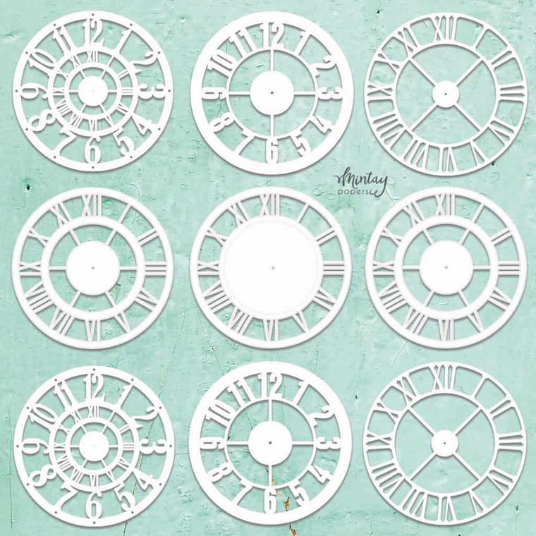 Mintay Papers - Mintay Chippies - Decor - Clocks Set (MT-CHIP2-D32)

Mintay Decor Clocks Set Die Cut Laser Chipboard.  These 2mm thick die-cut chipboard pieces are in a natural ecru color and make a great bases for your project.  They can be modified with paint, ink, paper, using stencils, stamps, hot embossing or applying waxes and pastes.  Perfect for all your craft and scrapbooking projects.    Overall size of set sheet: 12x12 inches.