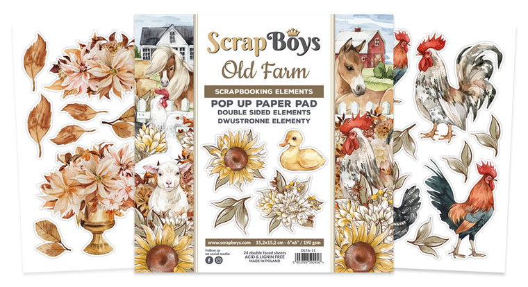 ScrapBoys - Old Farm Collection - 6"x 6" - Pop Up Paper Pad (OLFA-11)

ScrapBoys papers for scrapbooking.  6" x 6" Pop Up Paper Pads (pads with cut-out elements)  Beautiful elements in a flowers style to cut out, there are 24 sheets printed on both sides.  After cutting out, each element will be two-sided. Weight: 190 gsm.  Acid and Lignin Free.