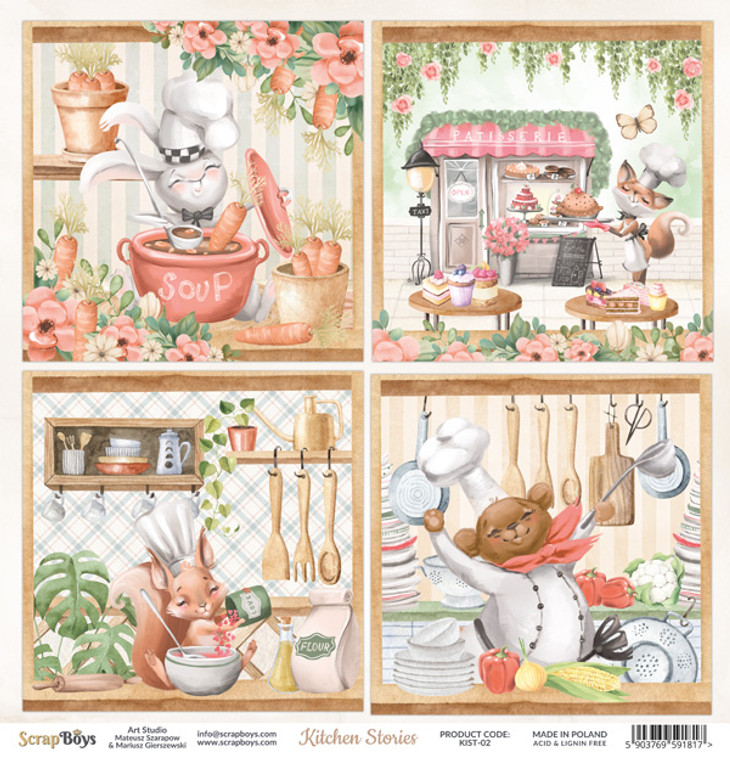 ScrapBoys - Kitchen Stories - 12 x 12 - Single Sheet - (KIST-02)

Kitchen Stories collection.  Single, double-sided printed sheets from each collection measuring 12’’x12’’ (30,5 x 30,5 cm)  Acid & Lignin Free.  Paper Weight: 190 gsm.