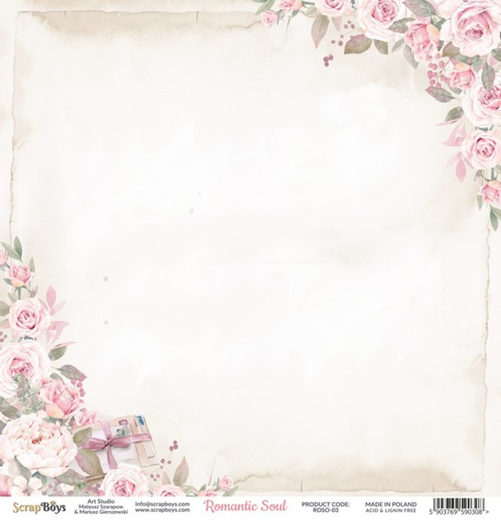 ScrapBoys - Romantic Soul- 12"x 12" - Single Sheet - (ROSA-03)

Romantic Soul collection.  Double Sided Printed Sheet.  Single paper sheet - 12’’x12’’ (30,5 x 30,5 cm) Paper Weight: 190 gsm.