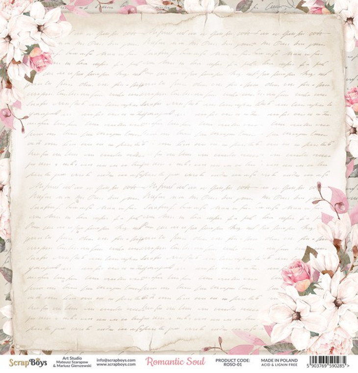 ScrapBoys - Romantic Soul- 12"x 12" - Single Sheet - (ROSO-01)

Romantic Soul collection.  Double Sided Printed Sheet.  Single paper sheet - 12’’x12’’ (30,5 x 30,5 cm) Paper Weight: 190 gsm.