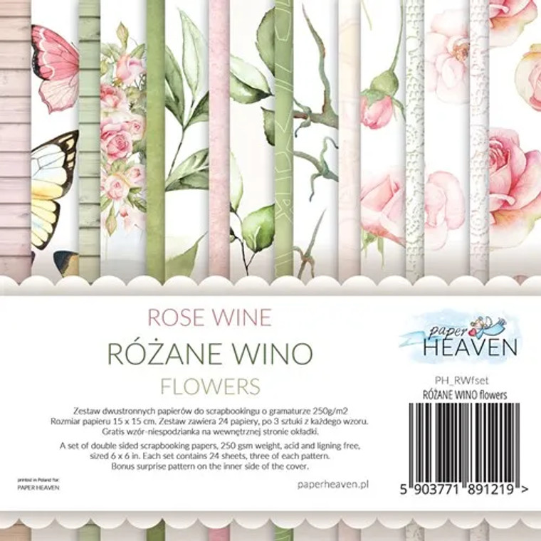Paper Heaven - Rose Wine - Flowers - 6"x 6" Paper Pad (PH_RWfset)

Paper Pad containing 24 - 6"x 6" sheets.  Each sheet has the pattern on one side and the other side, a pattern which can be used as cut out elements.   Paper Weight: 250 gsm.  Acid & Lignin free.