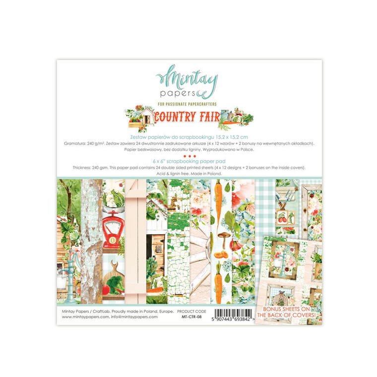 Mintay Papers - Country Fair - 6 x 6 Paper Pad (MT-CTR-08)

Paperpad contains 24 double-sided sheets, 4 x 6 double-sided papers from Country Fair collection. Matching bonus motifs are provided on the back of the covers.  The sheets perfect for scrapbooking and cardmaking.  Thickness: 240 gsm. Acid & lignin free. Made in Poland.