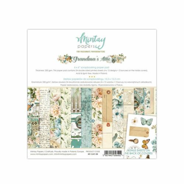 Mintay Papers - Grandma's Attic 6 x 6 Paperpad (MT-GAT-08)

Paperpad contains 24 double-sided sheets, 4 x 6 double-sided papers from Grandma's Attic collection. Matching bonus motifs are provided on the back of the covers.  The sheets perfect for scrapbooking and cardmaking.  Thickness: 250 gsm. Acid & lignin free. Made in Poland.
