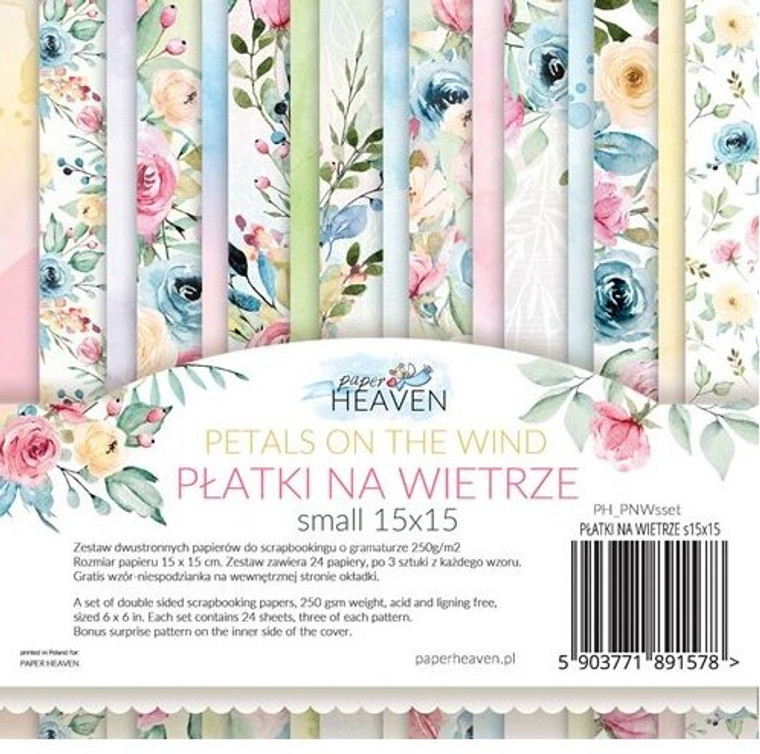 Paper Heaven - Petals on the Wind - 6"x 6" Paper Pad (PH_PNWsset)

Paper Pad containing 24 - 6"x 6" sheets.  Each sheet has the pattern on one side and the other side, a pattern which can be used as cut out elements.   Paper Weight: 250 gsm.  Acid & Lignin free.