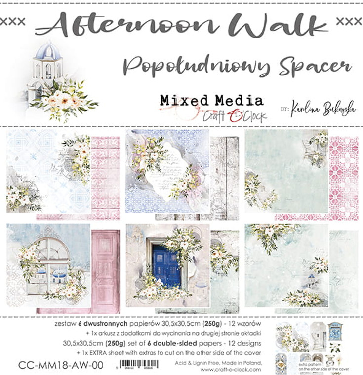 Craft O'Clock - Afternoon Walk - Mixed Media - Paper Pad - 12 x 12" (CC-MM18-AW-00)

Pack of double-sided pattern sheets in the "Afternoon walk" series from Craft O' Clock.  There are 6 sheets in the package, as well as a cut-out sheet on the back of the cover. The sheets measure approx.  12x12 (30.5cm x 30.5cm)  Paper Weight: 250gsm.  Acid and lignin free.