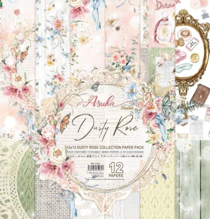 Asuka Studio - Dusty Rose Collection - 12"x12" Paper Pack (MP-61061)

This 6" x 6" Collection Pack is part of the Dusty Rose Collection from Asuka Studio. This pack includes 24 double sided papers, you get four of each of 12 designs. These patterns include dusty rose and blue flowers, cream-colored lace, a diamond lace pattern, burlap, shiplap, element cards, and more. These papers can be used on cards, scrapbook pages, tags, journal and planner pages, and other paper crafting and mixed media projects. This paper is both acid and lignin free.