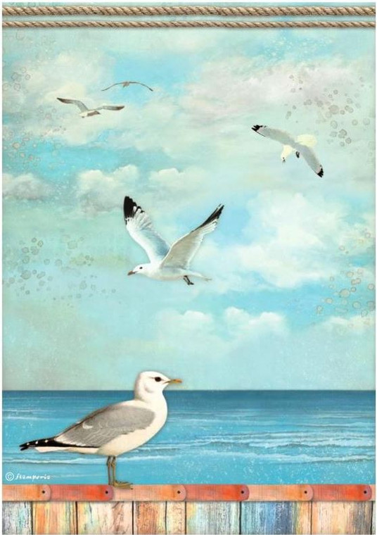 Stamperia - Blue Dream - A4 Rice Paper - Seagulls (DFSA4747)

One sheet of rice paper per pack.  Size of sheet: 8-1/4 x 11-3/4 inches.  21x29.7cm.  Paper Weight: 28grams.  Thin, printed rice paper - excellent quality.  Transparent yet strong.  If using images versus the whole sheet, tearing versus cutting around images is recommended.  Use as decoupage on glass.