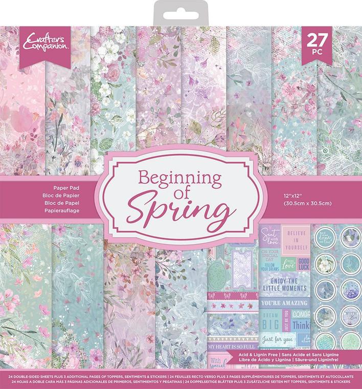 Crafters Companion - Beginning of Spring - 12 x 12 Paper Pad (CC PAD12)

Let your creativity unfurl like a blossoming flower with the Crafter’s Companion Beginning of Spring 12” x 12” Paper Pad.

This sumptuously patterned paper pad glows with the sunlit beauty of a spring day, perfect for adding some pastel prettiness to cards, crafts and gifts for any occasion. Each double-sided sheet blooms with delicately illustrated flowers and foliage in a picture perfect palette of blush, soft aqua, jade, lilac and sugar pink. And a shimmering, pearlescent effect creates the perfect dewy and fresh finish!

Inside each pad are 24 patterned sheets, two of each of the 12 botanical and beautiful designs. You’ll also receive a sheet of sentiments for every occasion from birthdays and big celebrations to ‘just because’ moments. Plus die-cut toppers tocreate gift tags, ready-made borders and sentiment centrepieces, just pop them out and stick them onto your cards, crafts and makes!

And for the prettiest finishing touch, a sheet of circular stickers decorated with cute messages and beautiful blooms. Peel off your favourite and pop it onto your make, or use to seal your envelope!

With 27 sheets in total, each measuring 12” x 12” ,there’s everything you need to design and create cohesive crafts that bloom with natural beauty and delicate grace. For an extra sprinkling of springtime joy, why not combine your paper pad makes with the Spring Sorbet 12” x 12” Card Pack? Each of the six shades have been carefully handpicked to complement the Beginning of Spring Paper Pad!