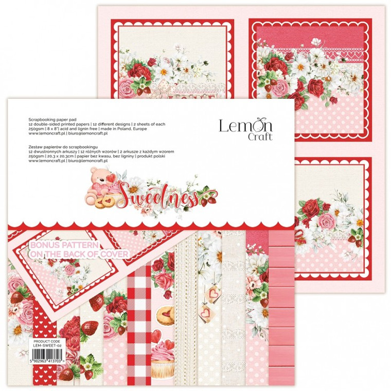 Lemoncraft - Sweetness - Scrapbooking Papers Pad 8 x 8 (LEM-SWEET-02)

Scrapbooking Papers Pad 8 x 8 inches (20.3 x 20.3cm)  Sweetness Collection - Scrapbooking paper pad with universal patterns.  Pad contains 12 double-sided printed papers, 12 different designs, 2 sheets of each design.  Paper Weight: - 250gsm. Bonus pattern at the back of the cover.  Acid and Lignin free.  Made in Poland.