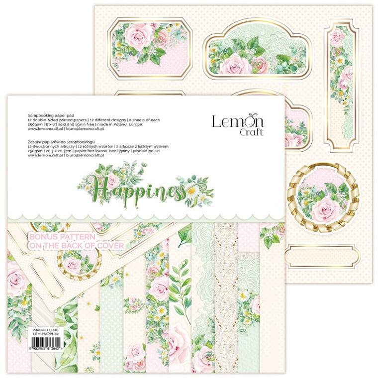 Lemoncraft - Happiness - Scrapbooking Papers Pad 8 x 8 (LEM-HAPPI-02)

Scrapbooking Papers Pad 8 x 8 inches (20.3 x 20.3cm)  Happiness Collection - Scrapbooking paper pad with universal patterns.  Pad contains 12 double-sided printed papers, 12 different designs, 2 sheets of each design.  Paper Weight: - 250gsm. Bonus pattern at the back of the cover.  Acid and Lignin free.  Made in Poland.