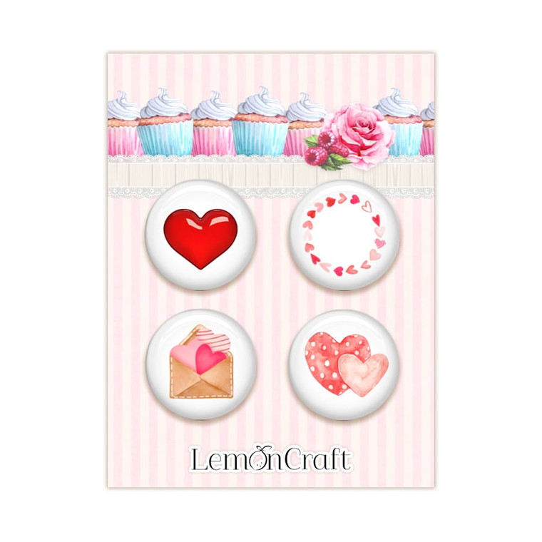 Lemoncraft - Sweetness - Buttons / badge (Set of 4) (LEM-SWEET-05)

Set of 4 adhesive buttons with a different motifs.  Sweetness collection.  Size of a single button about 2,50 cm.  Full of color add-ons for scrapbooking, cardmaking and other decorating items.  They fit perfectly into the paper collection.