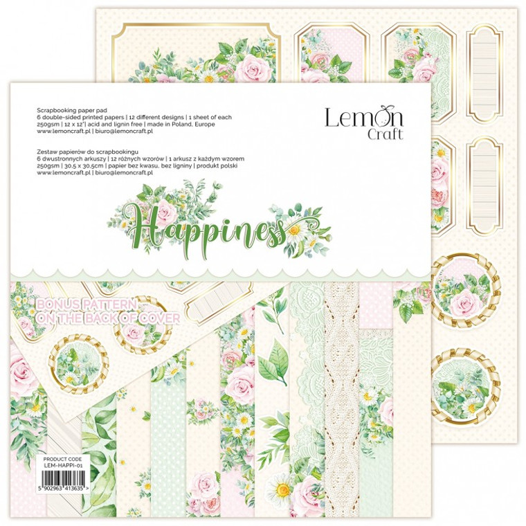 Lemoncraft - Happiness - Scrapbooking Papers Pad 12 x 12 (LEM-HAPPI-01)

Scrapbooking Papers Pad 12 x 12 inches (20.3 x 20.3cm)  Happiness Collection - Scrapbooking paper pad with universal patterns.  Pad contains 6 double-sided printed papers, 12 different designs, 1 sheet of each design.  Paper Weight: - 250gsm. Bonus pattern at the back of the cover.  Acid and Lignin free.  Made in Poland.