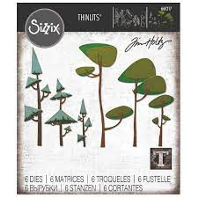 Trees cannot get more funky than this! Funky Trees by Tim Holtz is a 6 piece die set which offers a variety of treetops and trunks, allowing makers to customize their makes. The treetops also feature a cut line which offers the opportunity to add dimension to your trees with color.

Thinlits create dazzling detailed shapes for more creative cardmaking and papercrafting projects. These wafer-thin chemically-etched die sets are designed to cut, emboss or stencil a single sheet of cardstock, paper, metallic foil or vellum. They are simple to use, compact and portable for cutting at home or on the go. Use them for enhanced intricacy and to add a special touch of inspiration to all your projects.

The Thinlits dies in this set are compatible with the BIGkick, Big Shot and Vagabond machines.

To cut, the sandwich requires use of a pair of Cutting Pads and the machine's included Platform; when using the Essentials Platform or Solo Platform & Shim, the Extended Adapter or Solo Adapter is required. Because of their intricacy, Thinlits dies may require up to three passes to cut. If extra ejection is needed for easier separation of the die-cut from the design, place wax paper between the Thinlits die and your material and then cut.

These dies can also emboss when the machine's included Platform is combined with an Impressions Pad and Silicone Rubber sheet. The diagrams on the Platform offer easy guidelines about how to make the perfect Sizzix sandwich.

To stencil, place the die over desired material and apply ink or chalk to the die indentations. This technique can be used alone or to enhance embossed designs.

Design Dimensions: 7.94cm x 15.24cm - 0.64cm x 0.64cm.  Includes 6 Dies  Construction: Chemically-Etched Die: Carbon Steel.  Packaged Weight 0.10 lb.