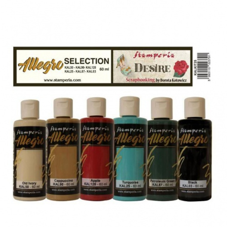 Stamperia - Allegro Acrylic Paint Selection - Desire - 6 per pack (KALKIT25)

Acrylic Allegro paint kit. 6 bottles x 60 ml.  Paints are water-based acrylics, suitable for all porous surfaces.  Give all of your projects some colour with with one of these kits.  Colours: - Old Ivory, Cappuccino, Apple, Turquoise, Petroleum Green, Black.