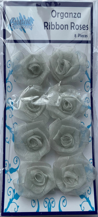 Organza Ribbon Roses - Silver Metallic - PK8 (RR020)

Ribbon flower embellishments.  8 Organza Silver Metallic Ribbon Roses.  Perfect for your cards, scrapbooks or any craft projects.  Diameter of each Rose approx: 35mm.