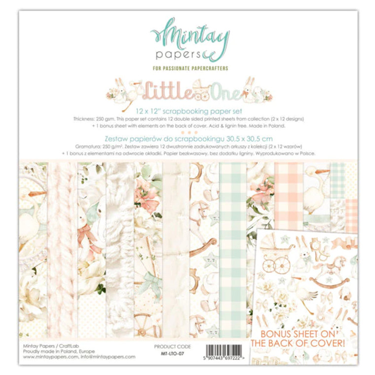 Mintay - Little One - 12 x 12 Paper Set (MT-LTO-07)

Mintay Cardmaking and Scrapbooking Paper Set.  Size: 12 x 12 ".  The set contains 12 double-sided (2 x 12 designs) high-quality paper sheets from the Little One Collection.  There are also bonus elements for precise cutting on the back of cover.  This set is perfect for creating layouts, albums, greeting cards or invitations.  Paper Weight: 250gsm. Acid & Lignin Free.