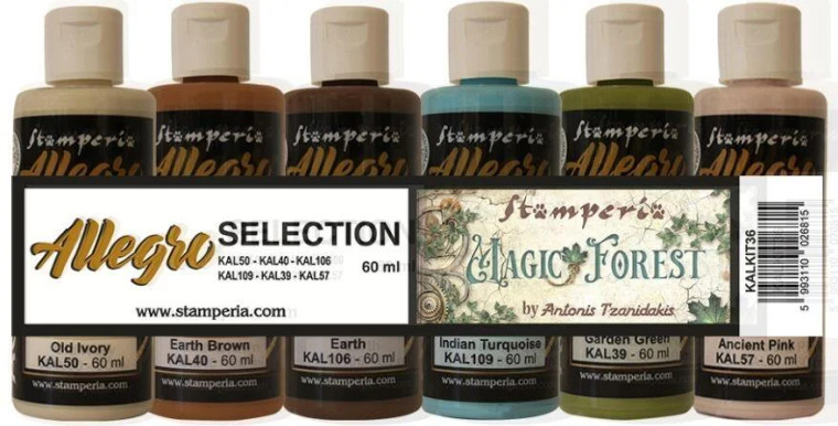 Stamperia - Allegro Acrylic Paint Selection - 6 per pack (KALKIT36)

Acrylic Allegro paint kit. 6 bottles x 60 ml.  Paints are water-based acrylics, suitable for all porous surfaces.  Give all of your projects some colour with with one of these kits.  Colours: - Old Ivory, Earth Brown, Earth, Indian Turquoise, Garden Green, Ancient Pink.