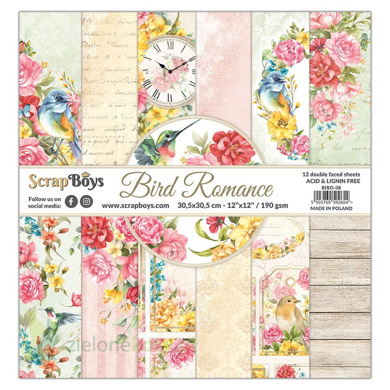 ScrapBoys - Bird Romance - 12 x 12 Paper Pack - (BIRO-08)

Spring, colourful elegant and slightly vintage.  You will find wonderful flowers, clocks and of course birds in this beautiful Scrapboys "Bird Romance" collection.  This paper set includes 12 double-sided printed sheets + 1 bonus with elements on the back of the cover.  Size: 12" x 12" Sheets.  Paper Weight: 190gsm.  Acid & Lignin Free.