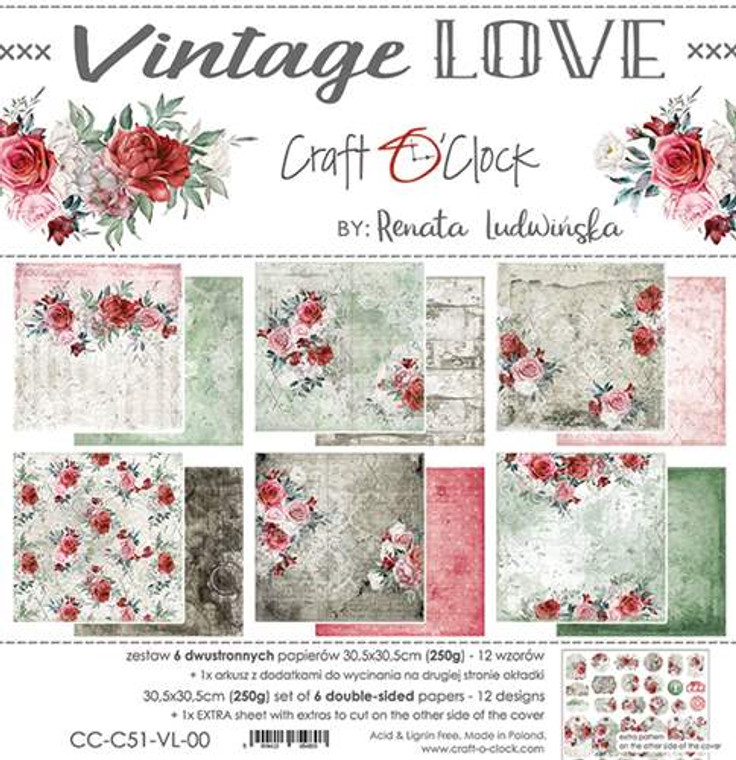 Craft O'Clock - Vintage Love - Mixed Media - Paper Pad - 12" x 12" (CC-C51-VL-00)

Pack of double-sided pattern sheets in the "Vintage Love" series from Craft O' Clock.  There are 6 sheets in the package, as well as a cut-out sheet on the back of the cover. The sheets measure approx.  12x12 (30.5cm x 30.5cm)  Paper Weight: 250gsm.  Acid and lignin free.