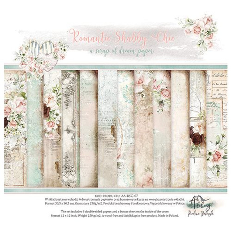 Alchemy of Art - Romantic Shabby Chic - Set of 12" x 12" Scrapbooking Papers (AA-RSC-07)

The set includes 6 double sided papers (12 patterns) and a bonus sheet on the inside of the cover.  Romantic Shabby Chic Collection. 12" x 12" (30.5 x 30.5cm) Sheets.  Paper weight: 250gsm.  Acid-free and wood-free product made in Poland.