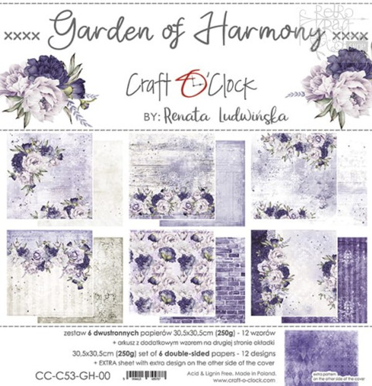 Craft O'Clock - Garden of Harmony - Mixed Media - Paper Pad - 12 x 12" (CC-C53-GH-00)

Pack of double-sided pattern sheets in the "Garden of Harmony" series from Craft O' Clock.  There are 6 sheets in the package, as well as Extras to cut on the back of the cover. The sheets measure approx.  12x12 (30.5cm x 30.5cm)  Paper Weight: 250gsm.  Acid and lignin free.