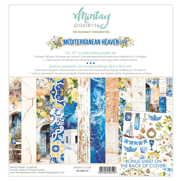 Mintay - Mediterranean Heaven  - 12"x 12" (MT-MED-07)

The set of 12 double-sided (2 x 12 designs) high-quality paper sheets for scrapbooking.
Perfect for creating layouts, albums, greeting cards or invitations. 
The bonus of this set is an additional sheet with designs for cutting.
Acid-free and lignin-free.