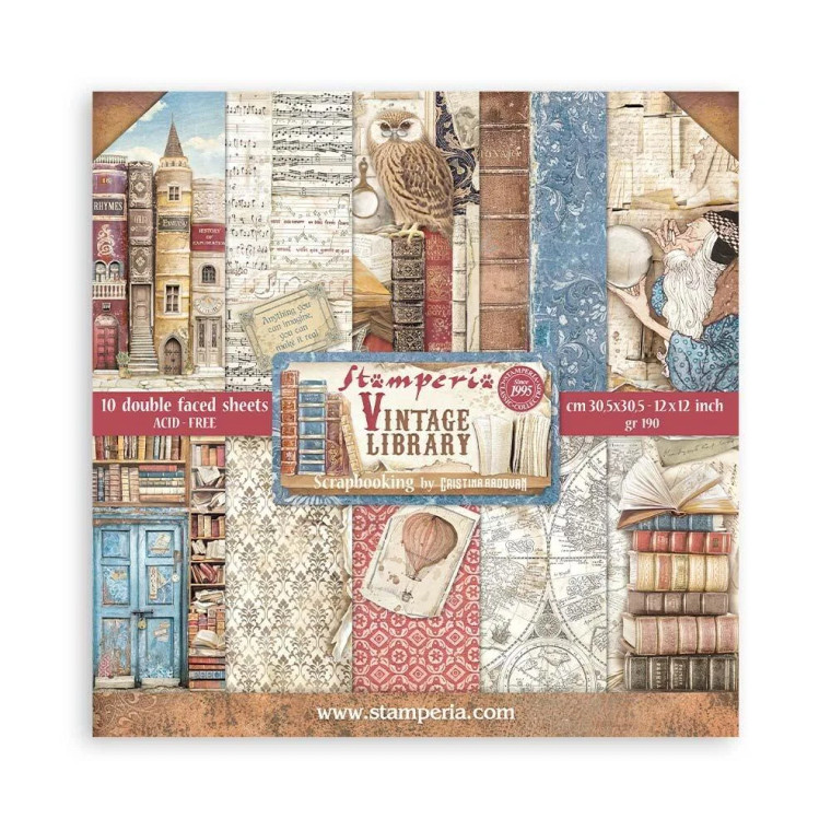 Stamperia - Vintage Library - 12"x12" Scrapbooking Pad  (SBBL132)

Stamperia exclusive designs. Paper Pad with 10 double-sided patterned paper. Thickness: heavyweight paper 190gsm.  Size: 12 "x 12" (30,5 x 30,5cm).  Features: Acid & lignin free.  Made in Italy. 
