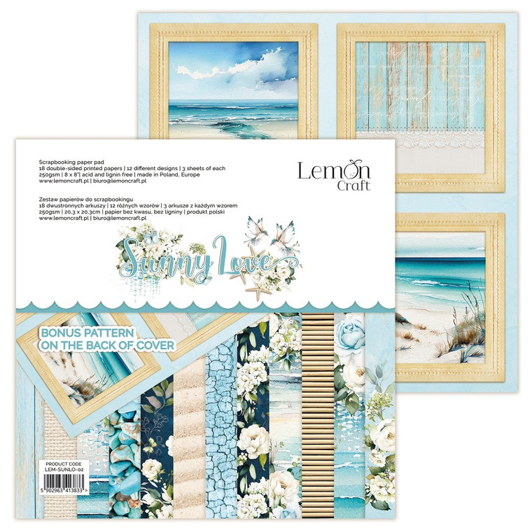 Lemoncraft - Sunny Love - Scrapbooking Paper Pad 8 x 8 (LEM-SUNLO-02)

Scrapbooking Papers Pad 8 x 8 inches (20.3 x 20.3cm)  Sunny Love Collection - Scrapbooking paper pad with universal patterns.  Pad contains 18 double-sided printed papers, 12 different designs, 3 sheets of each design.  Paper Weight: - 250gsm. Bonus pattern at the back of the cover.  Acid and Lignin free.  Made in Poland,