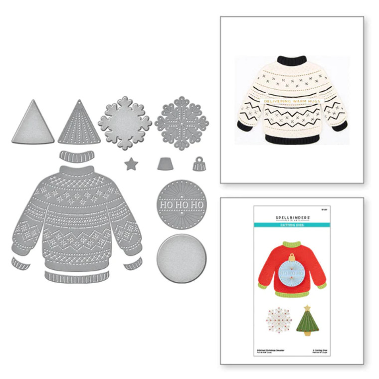 Spellbinders - Stitched Sweater Etched Dies  (S7-237)

his set of nine thin metal cutting dies creates a stitched holiday sweater with its trim layers for a fun base to personalize a fun sweater motif! Each ornament has its own insert die to make a stitching guide or leave as is for an intricate design. Be creative and come up with your own kind of holiday greeting! Designer’s Tip: Using two strands of a six strand DMC Floss or DMC Diamant Metallic Thread and a Size 22 Tapestry Needle (sold separately) are recommended.
Helps you make unique holiday projects! This popular combination of needle and floss with paper crafting brings delightful texture and dimension to your seasonal creations.

Approximate Size:

    Sweater: 5.21 x 4.25 in./13.20 x 10.80 cm
    Sweater Neck Layer: 0.78 x 1.35 in./2.00 x 3.40 cm
    Seater Cuff Layer (2 pcs): 0.72 x 0.65 in./1.80 x 1.60 cm
    Sweater Bottom Edge Layer: 1.52 x 2.35 in./3.80 x 6.00 cm
    Ornament Hanger: 0.61 x 0.61 in./1.50 x 1.50 cm
    Star: 0.55 x 0.53 in./1.40 x 1.30 cm
    Tree Trunk: 0.65 x 0.53 in./1.70 x 1.30 cm
    Tree Outline: 1.73 x 1.81 in./4.40 x 4.60 cm
    Tree Stitch Insert: 1.67 x 1.75 in./4.20 x 4.50 cm
    Snowflake Outline: 2.18 x 2.18 in./5.50 x 5.50 cm
    Snowflake Stitch Insert: 2.12 x 2.12 in./5.40 x 5.40 cm
    Ornament Outline: 2.00 x 2.00 in./5.10 x 5.20 cm
    Ornament Stitch Insert: 1.94 x 1.94 in./4.90 x 4.90 cm